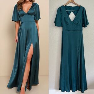 NWOT Elegant Confidence Teal Satin Flutter Sleeve Cutout Maxi Dress